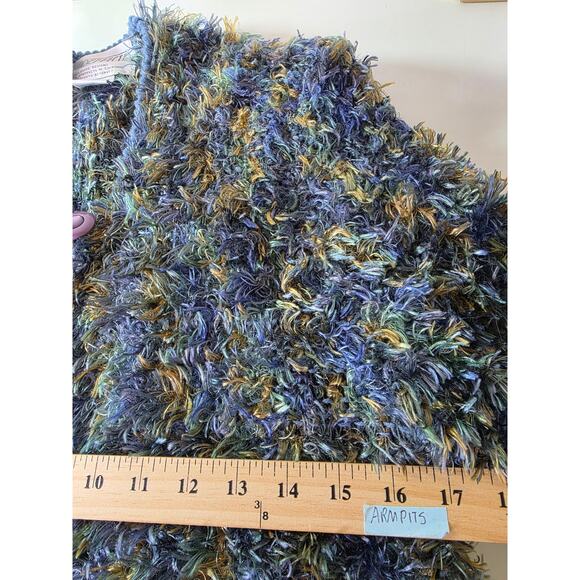 Vintage SIDE EFFECTS Blue Green Fuzzy Open Front Shaggy Cardigan SZ M - Picture 6 of 8